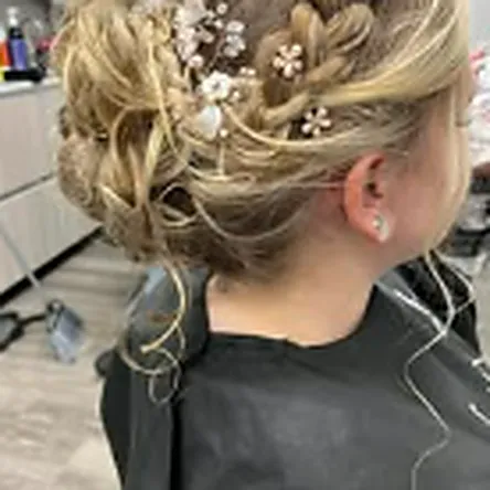 Bridal updo with pearl hairpiece created in Toms River NJ