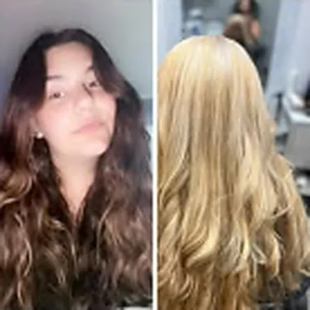 Brunette to blonde colour transformation before and after