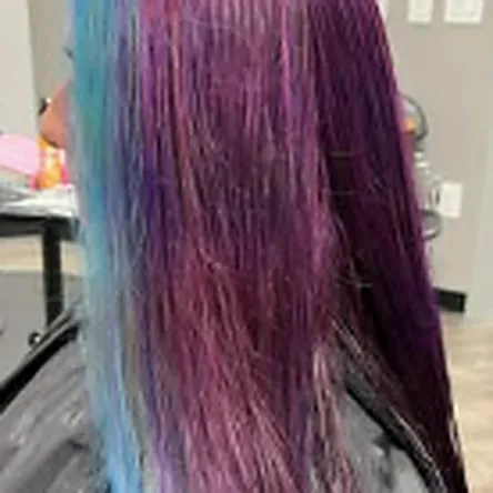 Teal and violet colour melt on long hair